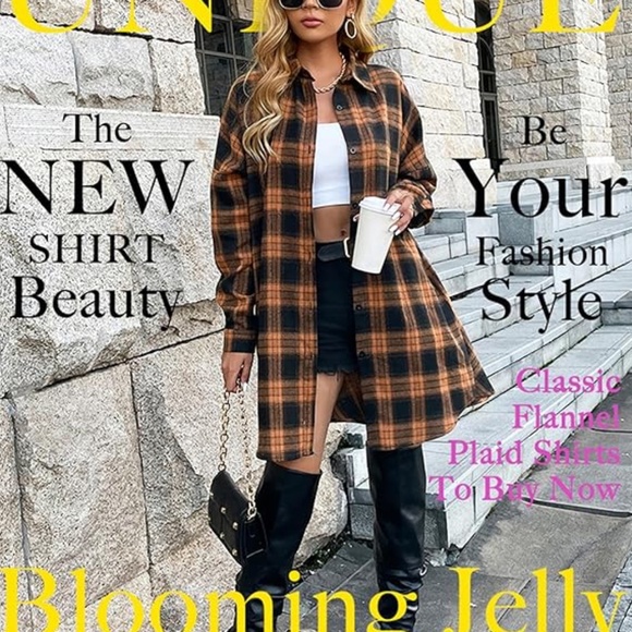 Blooming Jelly Women's Button Down Flannel Shirts Plaid Shacket Long Sleeve Coll - Picture 5 of 6